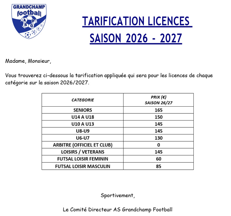 Informations licences ASGF saison 2026/2027 Informations licences ASGF saison 2026/2027