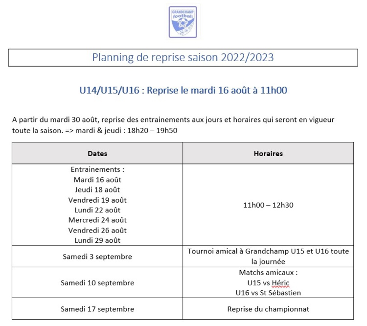 Planning de reprise U6 A U16