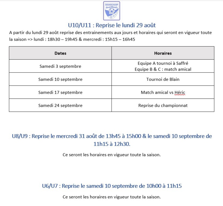 Planning de reprise U6 A U16 Planning de reprise U6 A U16