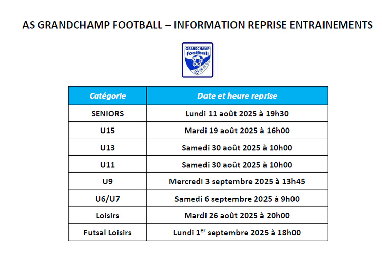 INFOS REPRISE ENTRAINEMENTS SAISON 2025/2026 INFOS REPRISE ENTRAINEMENTS SAISON 2025/2026