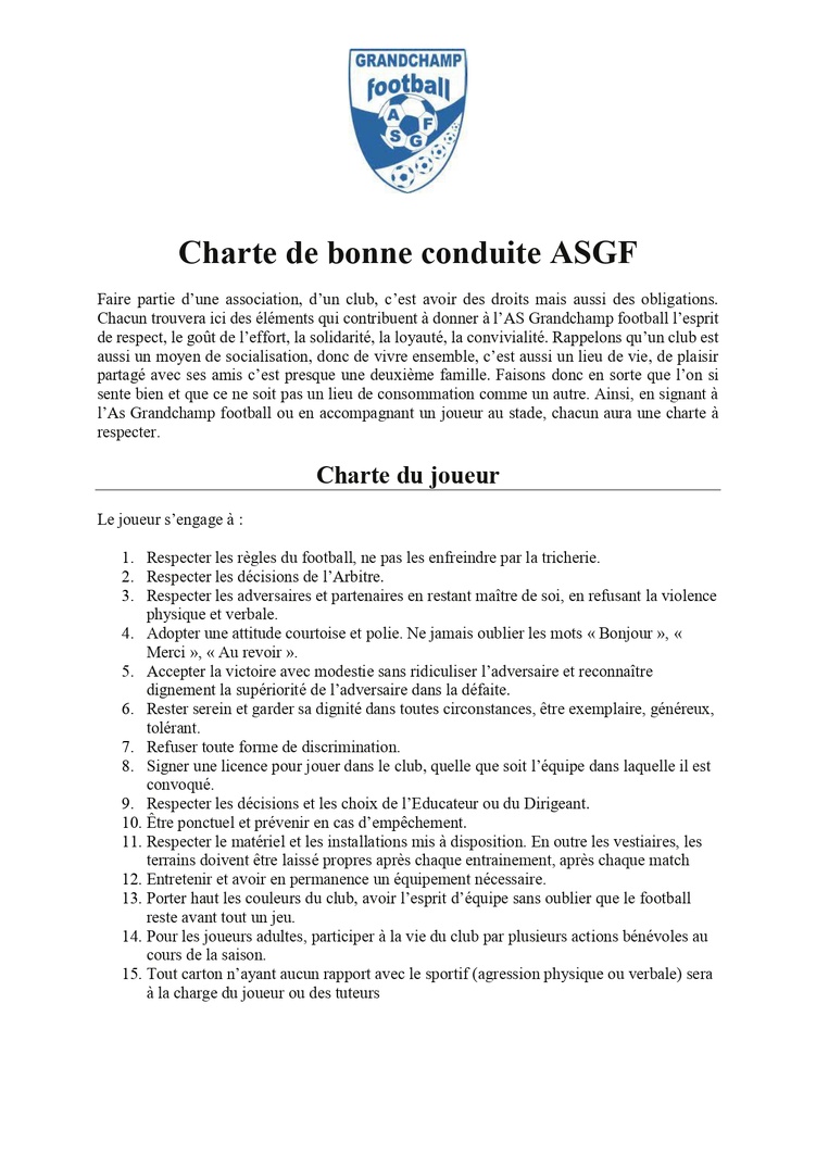 CHARTE ASGF CHARTE ASGF