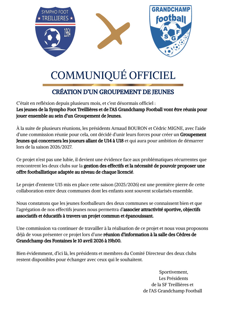 COMMUNIQUE OFFICIEL - CREATION GROUPEMENT JEUNES SAISON 2026/2027