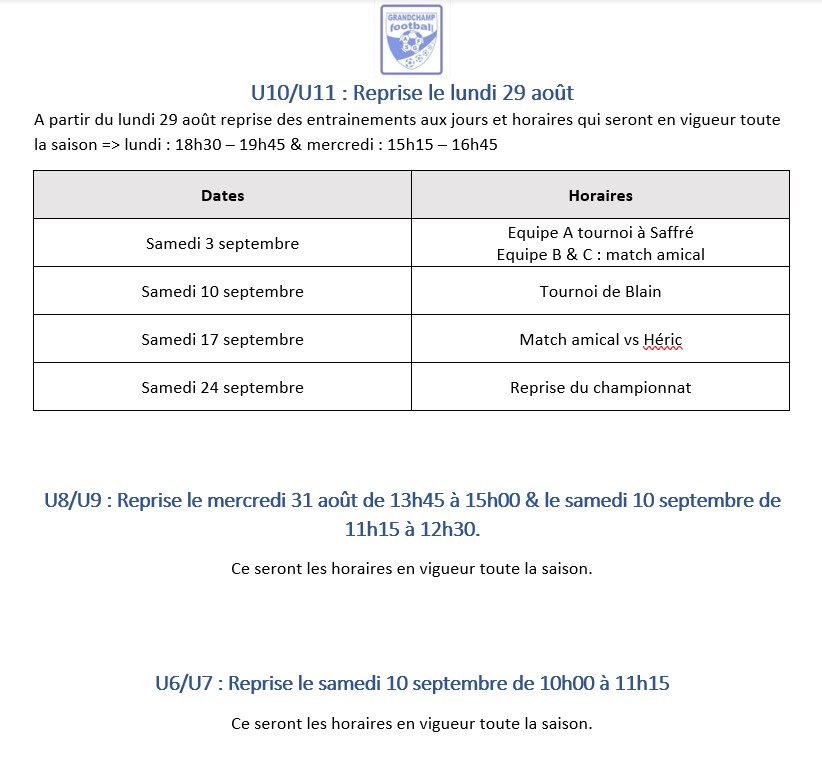 Planning de reprise U6 A U16