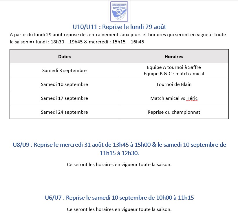 Planning de reprise U6 A U16