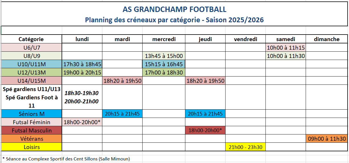 ENTRAINEMENTS - PLANNING 2025-2026