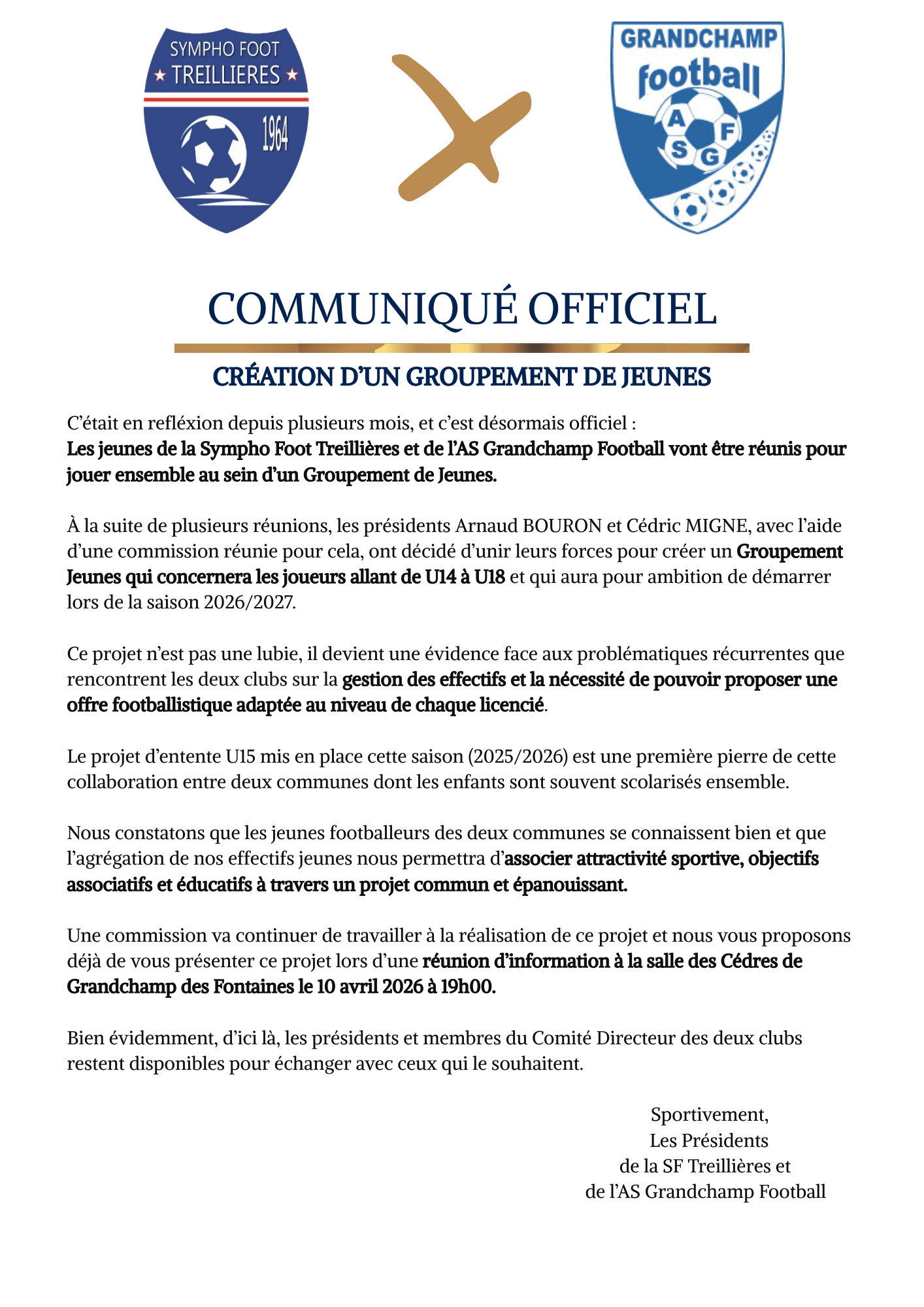 COMMUNIQUE OFFICIEL - CREATION GROUPEMENT JEUNES SAISON 2026/2027